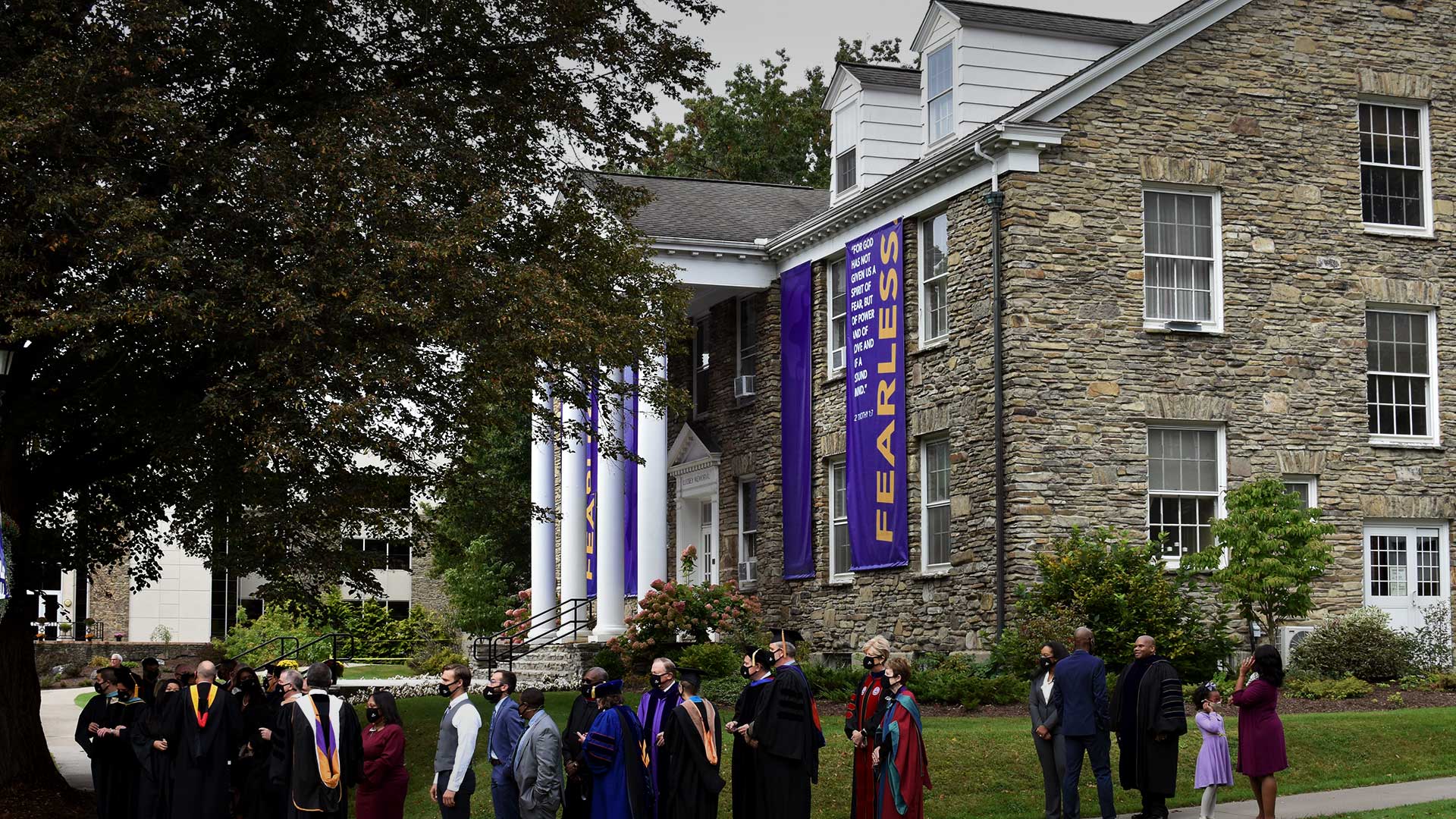 Luckey Building with Fearless banners showing 2 Timothy 1:7