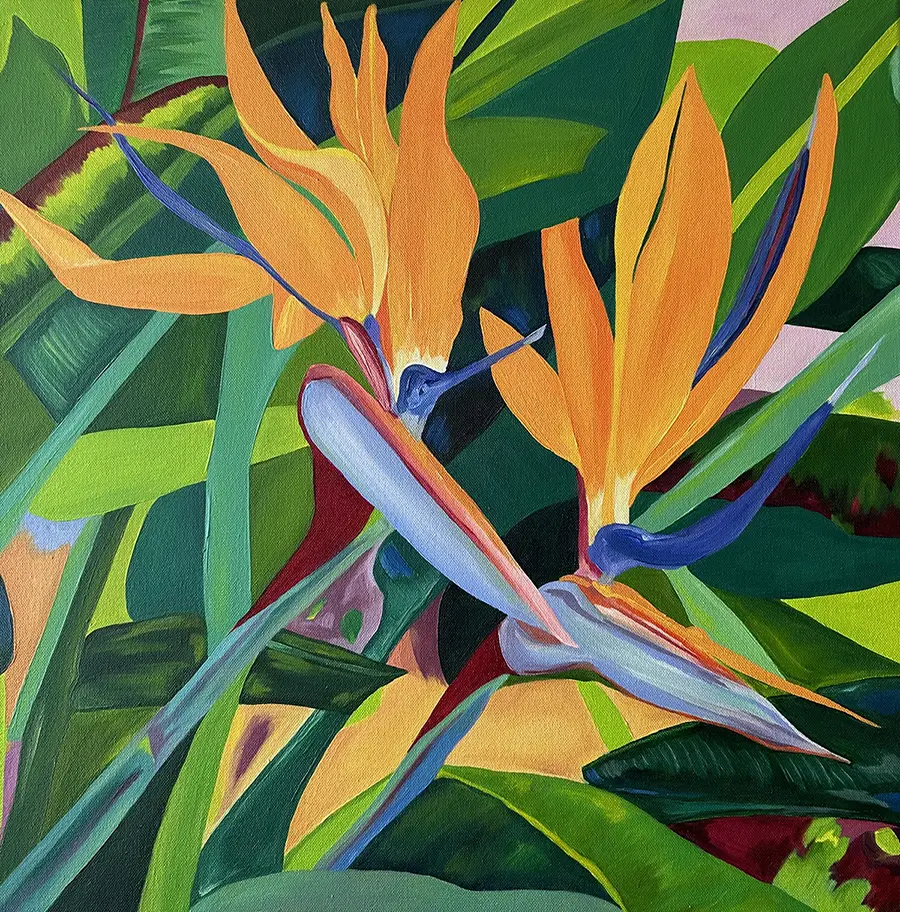 Houghton University Student painting by Elyse Howard for Senior Exhibition. Tropical birds.
